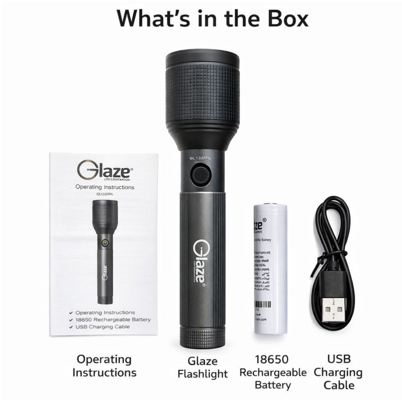 جليز مصباح يدوي LED قابل لإعادة الشحن، طاقة عالية 15 واط، مدى إضاءة يصل إلى 400 متر، بطارية ليثيوم أيون 18650، شحن USB، عمر افتراضي يصل إلى 100,000 ساعة، مصباح يدوي شديد التحمل GL1327FL - أسود - Image 4